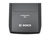Gros plan de la Bosch PowerPack 500 Active 36V 13.4Ah batterie de vélo vue du dessus avec zoom sur le logo Bosch